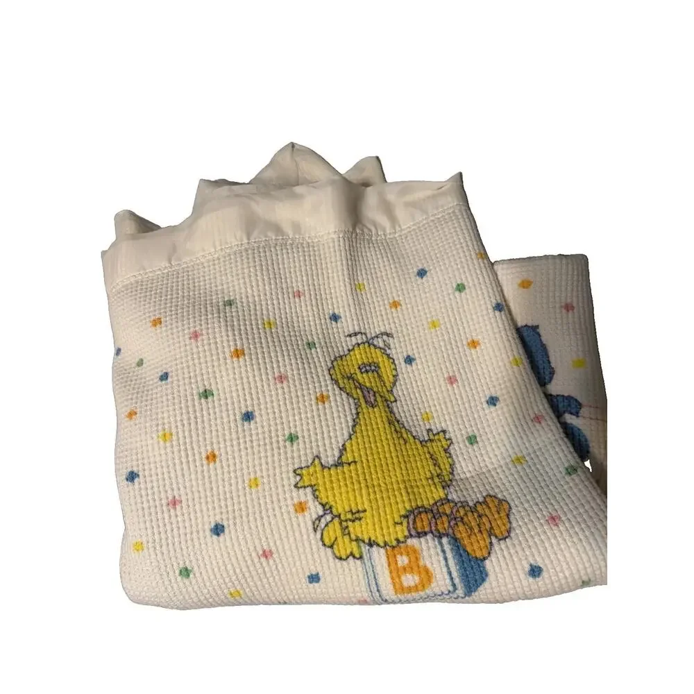 Vtg Sesame Street Character Alphabet White Waffle Knit Stain Trim Baby Blanket